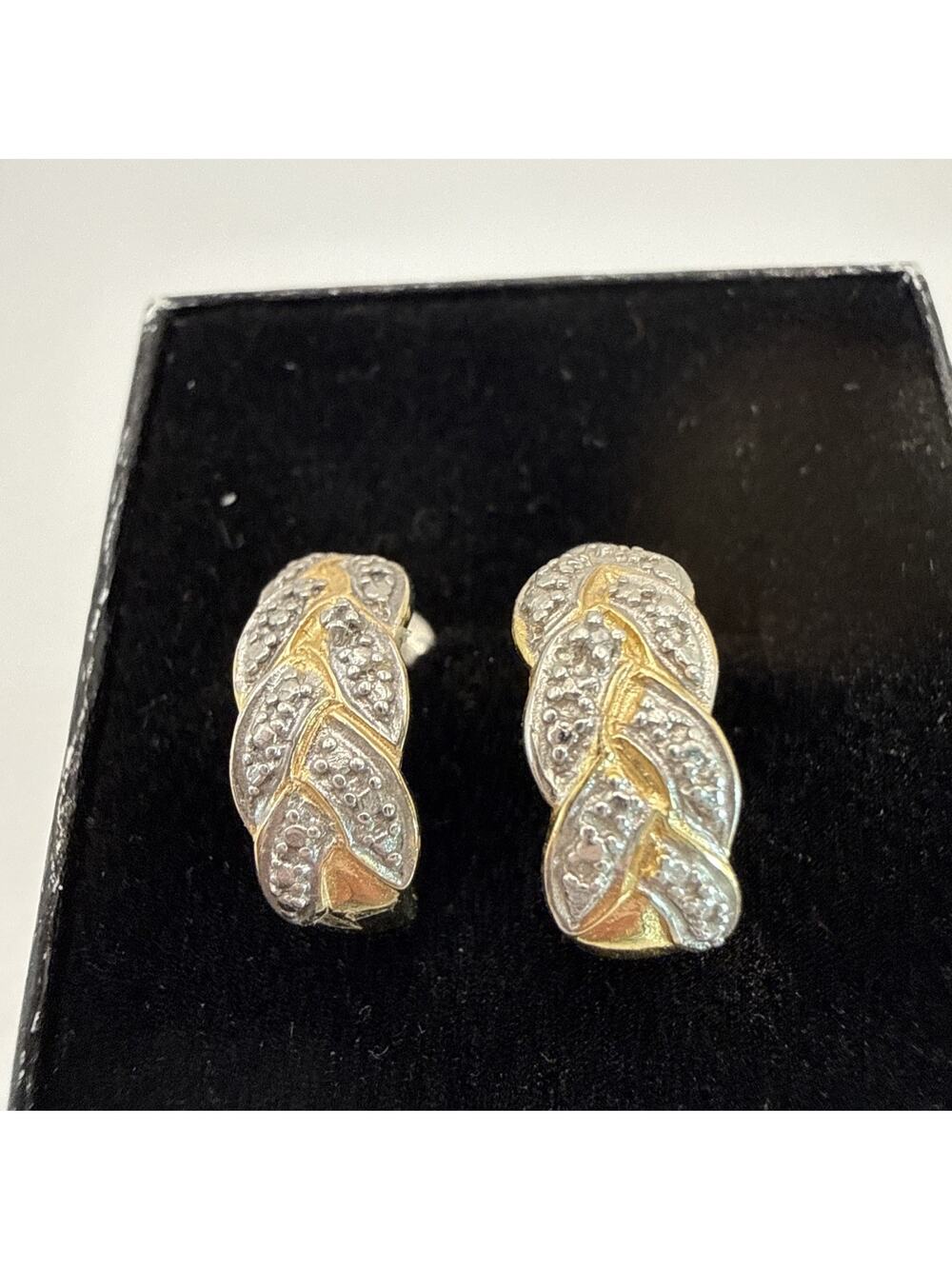 Vintage 925 Sterling Silver & Vermeil Braided Earrings 5/8" Open J Hoops Pierced
